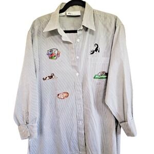 Mili Designs L Blouse‎ Cats Kittens Beaded Button Up Striped Blue/White Vintage